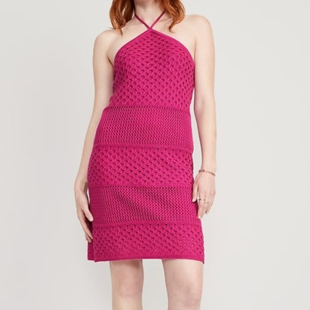 OLD NAVY Crochet Knit Halter Tie Neck Strap Cotton Mini Dress Size M